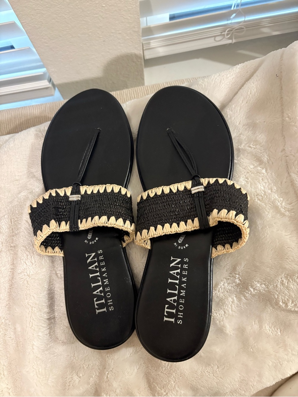 Italian Black Slide Sandals with Natural Raffia Trim